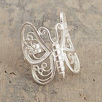 Sterling silver filigree cocktail ring, Wings of Lace