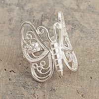 Sterling silver filigree cocktail ring, 'Wings of Lace' - Artisan Crafted Filigree Butterfly Ring