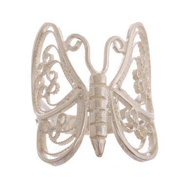 Sterling silver filigree cocktail ring, 'Wings of Lace' - Artisan Crafted Filigree Butterfly Ring