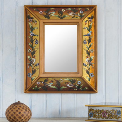Reverse-painted glass wall mirror, 'Golden Dawn' - Gold Toned Reverse-Painted Wall Mirror
