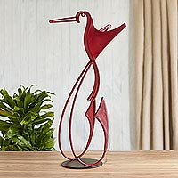 Steel and cotton sculpture, 'Red Hummingbird' - Signed Metal and Cotton Hummingbird Sculpture