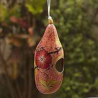 Hand painted gourd birdhouse, 'Blossoms on Blush'