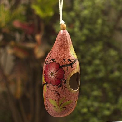 Hand painted gourd birdhouse, Blossoms on Blush