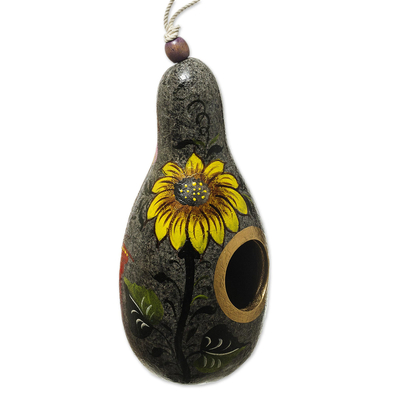 Dried gourd birdhouse, 'Sunflower and Earth' - Sunflower Motif Dried Gourd Birdhouse