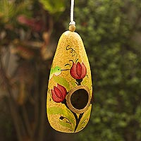 Hand painted gourd birdhouse, 'Tulips and Hummingbird' - Multicolored Dried Gourd Birdhouse