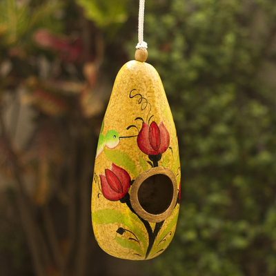 Hand painted gourd birdhouse, Tulips and Hummingbird
