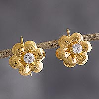 Gold-flashed drop earrings, 'Blossoms of Gold' - 18k Gold-Flashed Flower Earrings with CZ