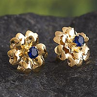 Gold-flashed button earrings, 'Blooms of Gold' - 18k Gold-Flashed Flower Button Earrings