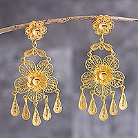 Gold-plated filigree chandelier earrings, 'Marinera Romance' - Filigree Earrings in 18k Gold Plated Bronze