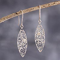 Silver filigree dangle earrings, 'Catacaos Leaves' - Hand Crafted 950 Silver Filigree Earrings