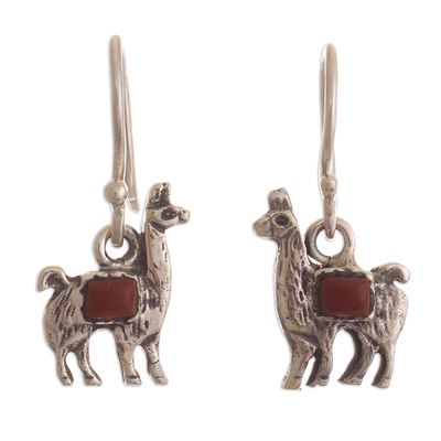 Jasper dangle earrings, 'Bright Andean Llama' - Peruvian Silver and Jasper Llama Dangle Earrings