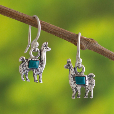 Chrysocolla dangle earrings, 'Andean Llama in Turquoise' - Peruvian Silver and Chrysocolla Llama Dangle Earrings