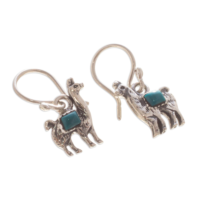 Chrysocolla dangle earrings, 'Andean Llama in Turquoise' - Peruvian Silver and Chrysocolla Llama Dangle Earrings