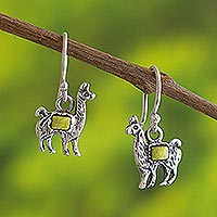Serpentine dangle earrings, 'Andean Llama in Yellow' - Peruvian Silver and Serpentine Llama Dangle Earrings