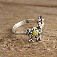 Serpentine cocktail ring, 'Andean Llama in Yellow' - Serpentine and Silver Llama Cocktail Ring from Peru