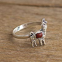 Jasper cocktail ring, 'Andean Llama in Red' - Jasper and Silver Llama Cocktail Ring from Peru