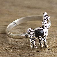Onyx cocktail ring, 'Andean Llama in Black' - Onyx and Silver Llama Cocktail Ring from Peru