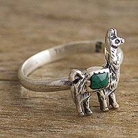 Chrysocolla cocktail ring, 'Andean Llama in Green' - Chrysocolla and Silver Llama Cocktail Ring from Peru