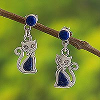 Lapis lazuli dangle earrings, 'Andean Cat in Blue' - Lapis Lazuli and Silver Cat Dangle Earrings
