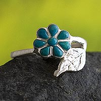 Chrysocolla cocktail ring, 'Flowers in the Garden' - Peruvian Chrysocolla and Silver Flower Ring with Leaf