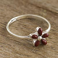 Jasper cocktail ring, 'Andean Star in Red' - Andean Silver and Jasper Flower Ring