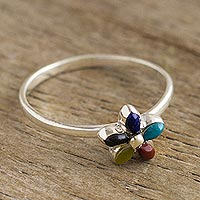 Multi-gemstone cocktail ring, 'Andean Star in Earth' - Andean Silver and Gemstone Flower Ring