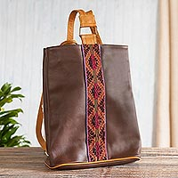 Leather backpack with hand-woven detail, 'Cusco Calle'