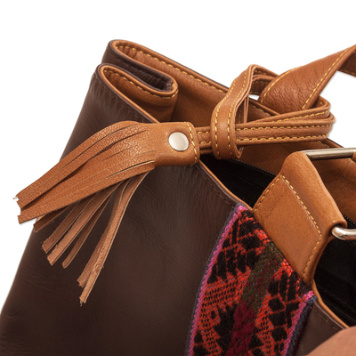 Leather backpack with hand-woven detail, 'Cusco Calle' - Leather Backpack With Hand-woven Wool Detail From Peru