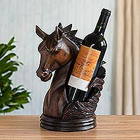Wood wine bottle holder, 'Majestic' - Hand Carved Horse Wine Bottle Holder