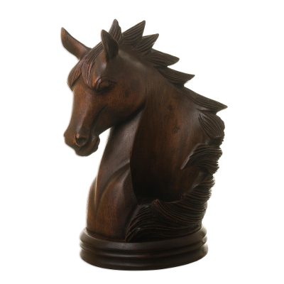 Wood wine bottle holder, 'Majestic' - Hand Carved Horse Wine Bottle Holder