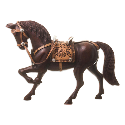 Cedar sculpture, 'Prancing Peruvian Paso Horse' - Artisan Crafted Hand Carved Cedar Wood Paso Horse Sculpture