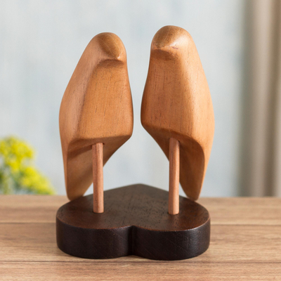 Cedar sculpture, 'Shy Lovebirds' - Hand Carved Cedar Wood Lovebirds Heart Sculpture