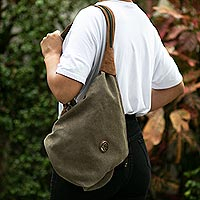 Leather-accented cotton shoulder bag, 'Style on the Go in Clay' - Cotton Backpack with Leather Trim