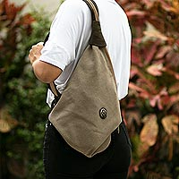 Leather-accented cotton shoulder bag, 'Style on the Go in Beige' - Convertible Canvas Shoulder Bag/Backpack