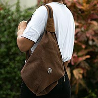 Leather-accented cotton shoulder bag, Style on the Go in Brown