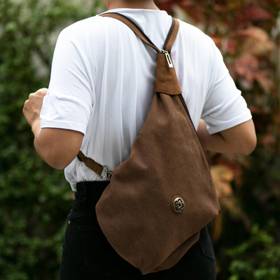 Bolso de hombro de algodón con detalles de cuero - Bolso de hombro convertible en algodón y piel