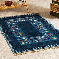 Wool area rug, 'Color Block' (2.5x4) - Wool Area Rug in Blue/Multicolor (2.5x4)