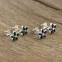Chrysocolla and lapis lazuli stud earrings, 'Twin Stars in Blue & Green' (pair) - Andean Silver and Gemstone Earrings Set of 2 Pairs