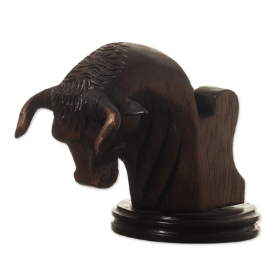 Wooden phone holder, 'Charging Bull' - Hand-Carved Cedar Wood Charging Bull Phone Holder From Peru
