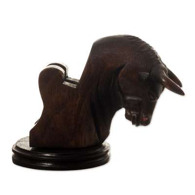 Soporte para teléfono de madera - Soporte para teléfono de toro de carga de madera de cedro tallado a mano de Perú