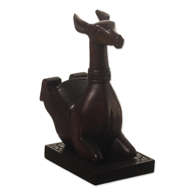 Wood phone holder, 'Andes Vicuña' - Hand-carved Vicuña Wood Phone Holder From Peru