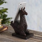 Wood phone stand, 'Prancing Llama' - Hand-carved Llama Wood Phone Holder From Peru