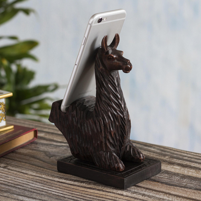 Wood phone stand, 'Prancing Llama' - Hand-carved Llama Wood Phone Holder From Peru
