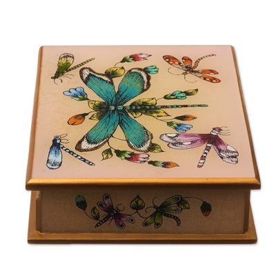 Reverse-painted glass decorative box, 'Blush Pink Dragonfly Days' - Andean Reverse-Painted Glass Dragonfly Box in Blush Pink