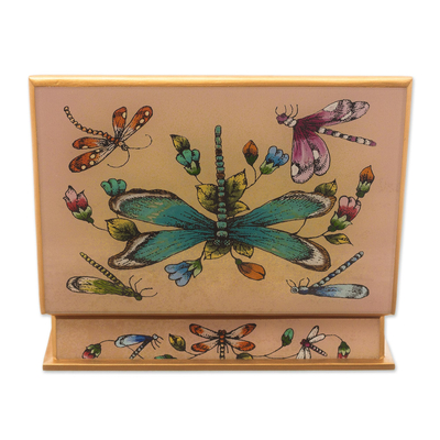 Reverse-painted glass decorative box, 'Blush Pink Dragonfly Days' - Andean Reverse-Painted Glass Dragonfly Box in Blush Pink