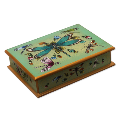 Andean Reverse-Painted Glass Dragonfly Box in Mint Green