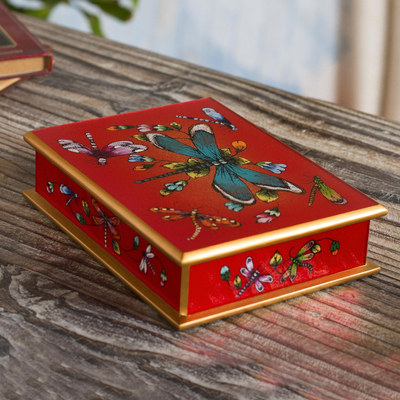 Reverse-painted glass decorative box, Red Dragonfly Days
