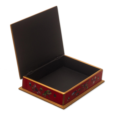 Reverse-painted glass decorative box, 'Red Dragonfly Days' - Andean Reverse-Painted Glass Dragonfly Box in Red