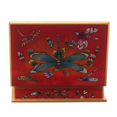 Caja decorativa de cristal pintado al revés - Caja Libélula Andina de Vidrio Pintado al Revés en Rojo