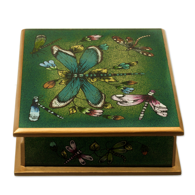 Reverse-painted glass decorative box, 'Emerald Green Dragonfly Days' - Andean Reverse-Painted Glass Dragonfly Box in Emerald Green